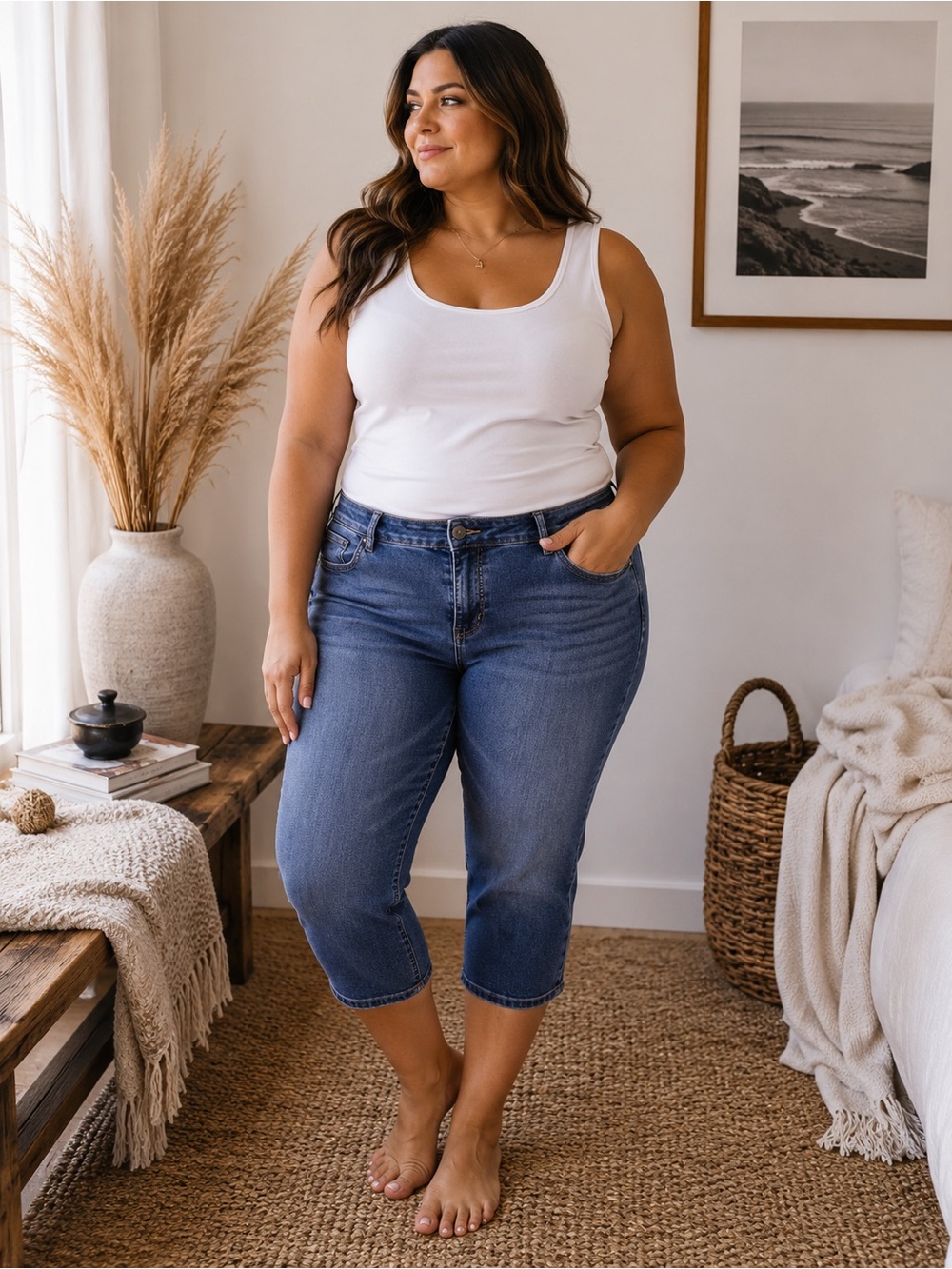 Plus Size Crop Jeans in Medium Blue - Comfortable Stretch Denim size 16